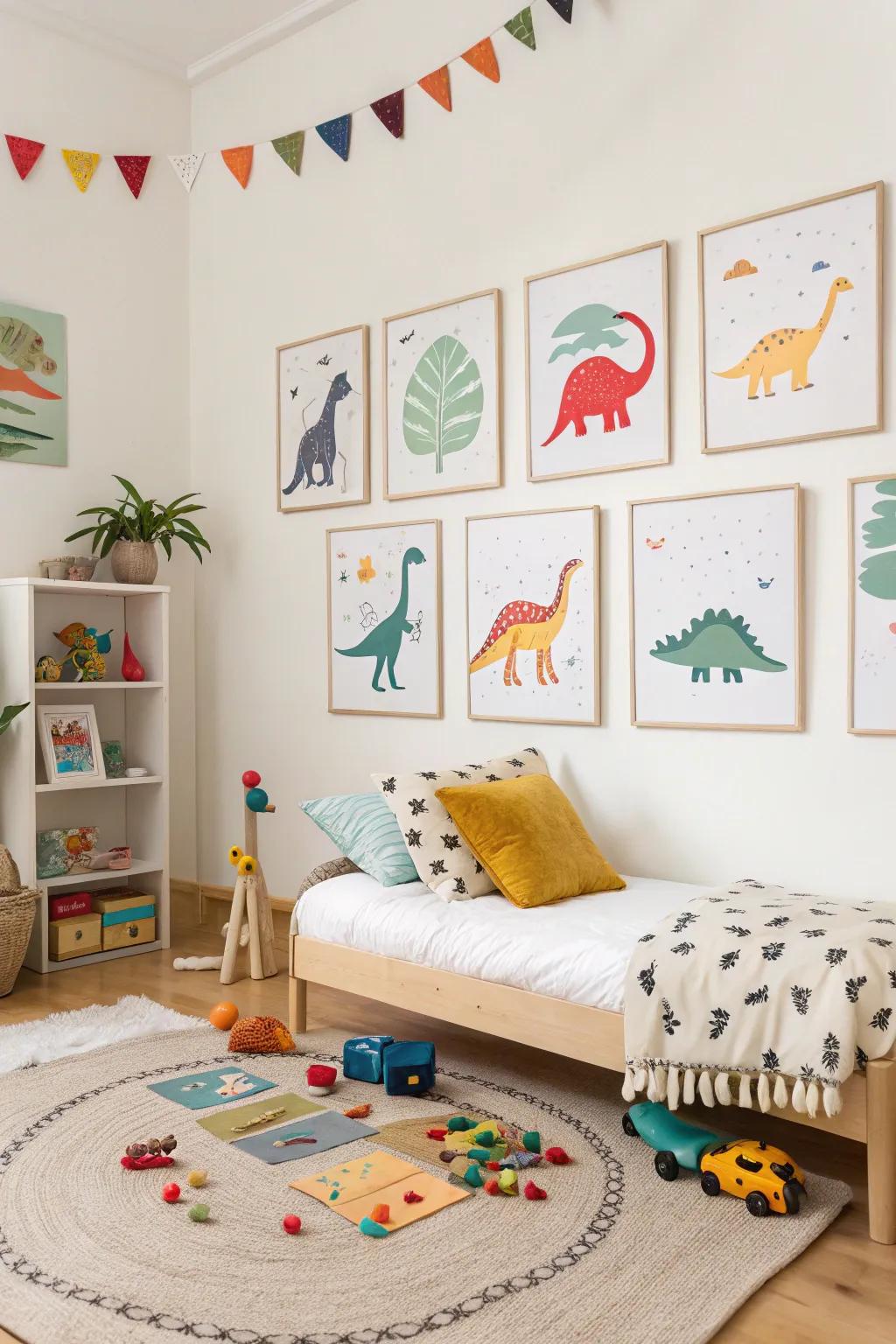 A gallery wall of dinosaur art prints adds a creative and educational element.