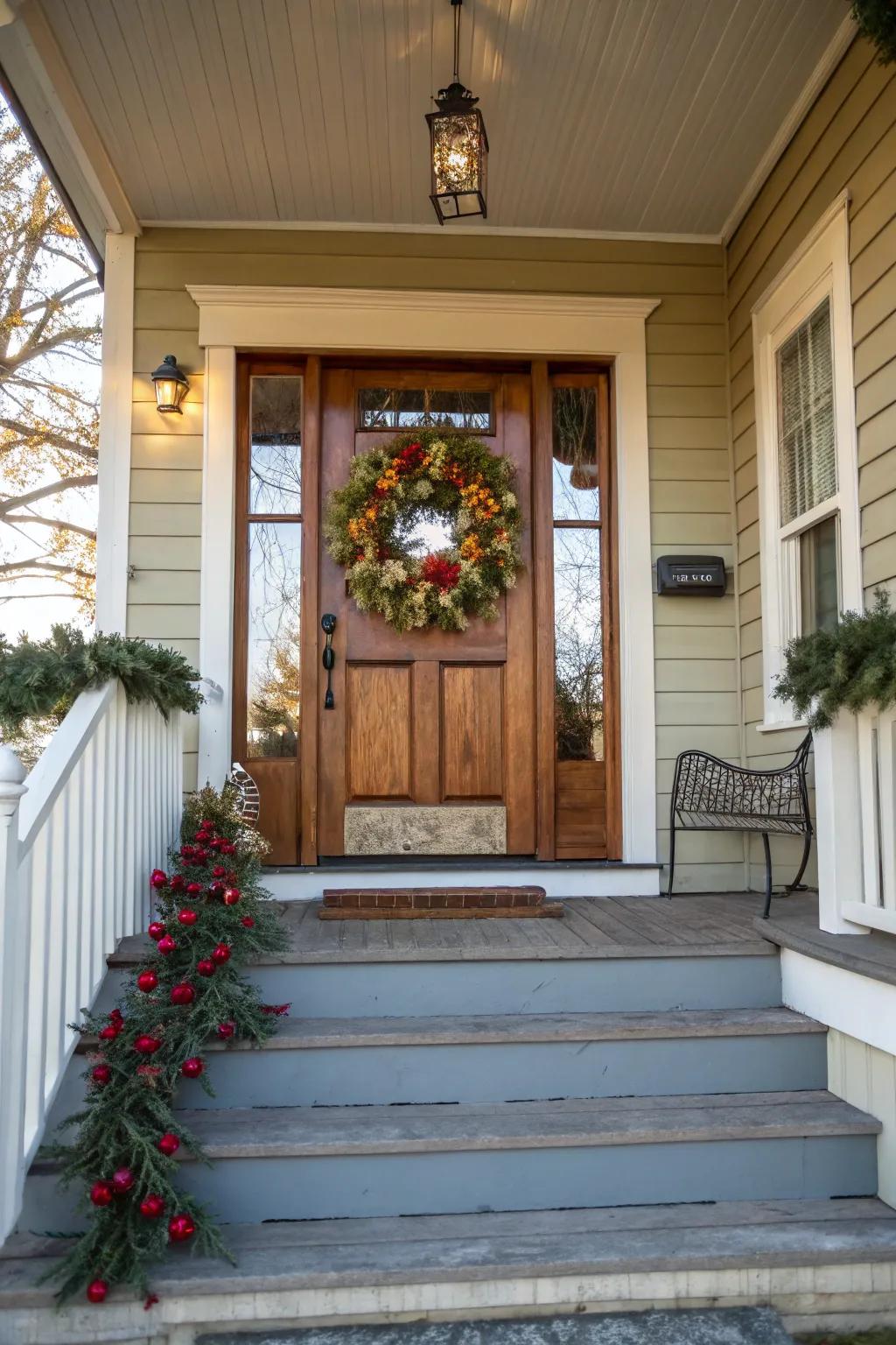A seasonal wreath adds a welcoming touch to your front door.