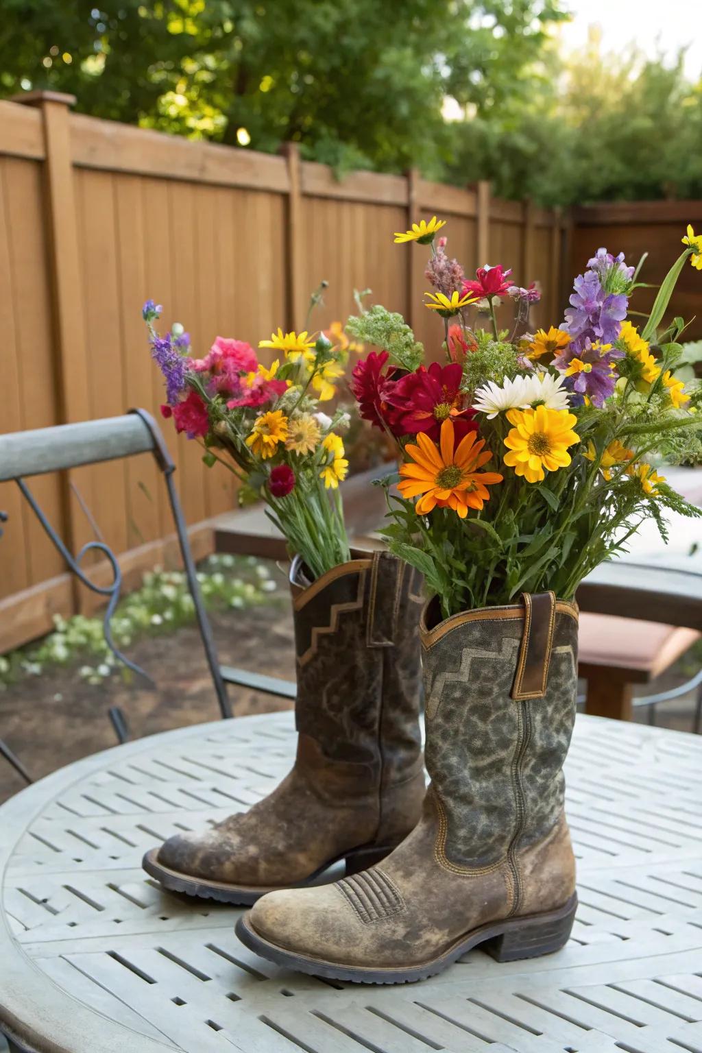 Cowboy boots as vases add quirky charm to your decor.