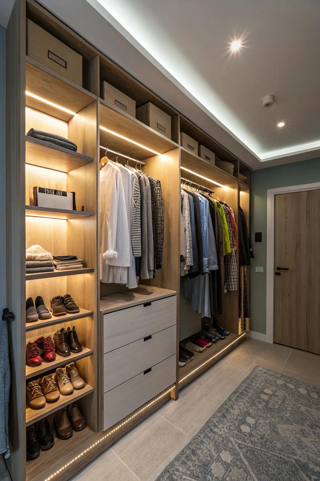 Smart lighting offers functionality and elevates your closet's ambiance.
