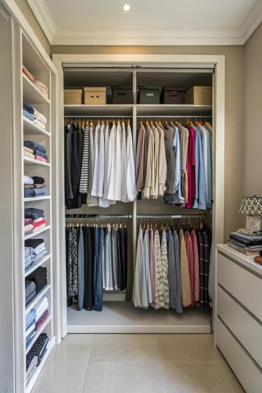Optimize vertical space with double hanging rods for a more organized closet.