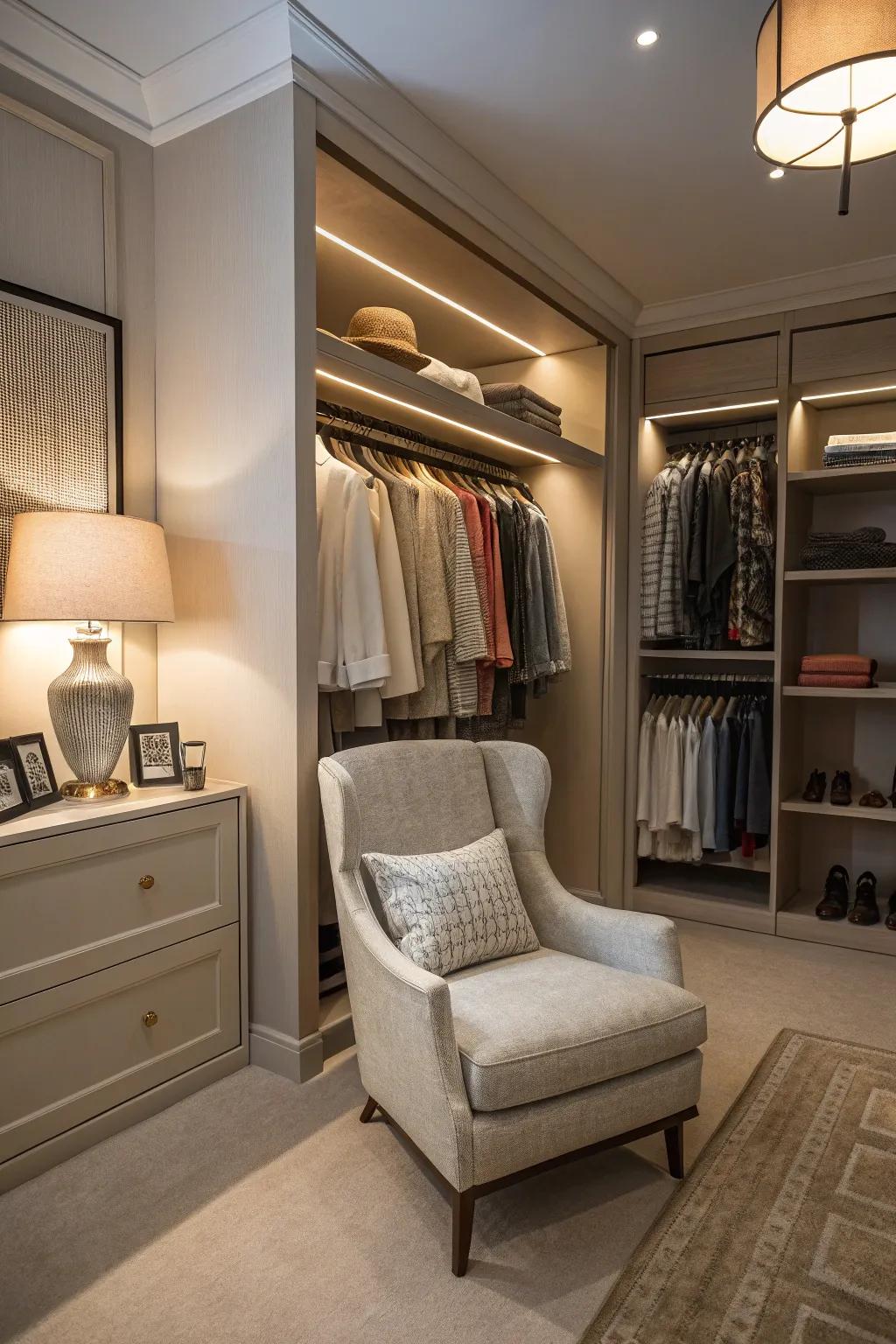 A seating area adds comfort and enhances the overall closet experience.