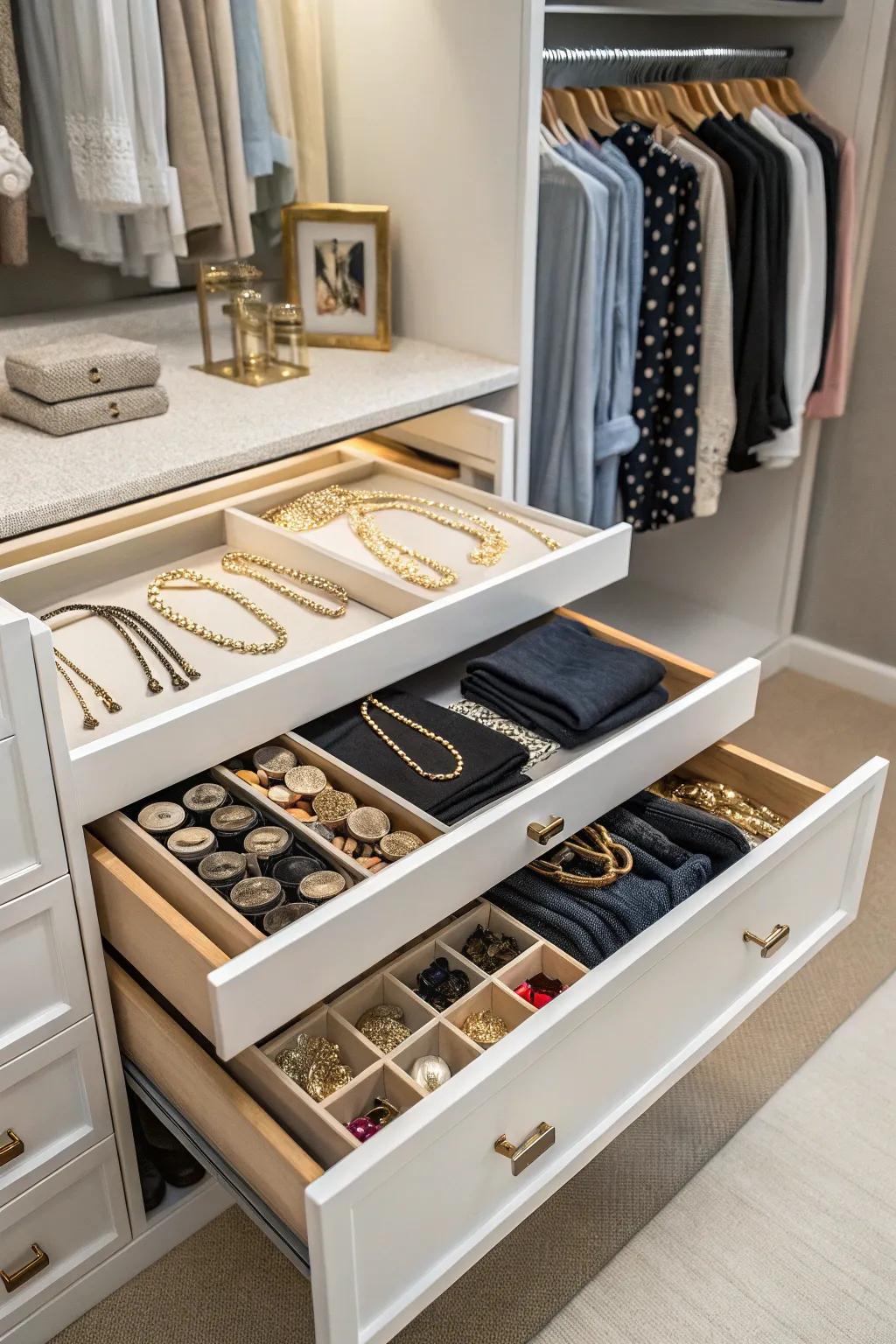 Pull-out drawers offer a sleek solution for storing smaller items.