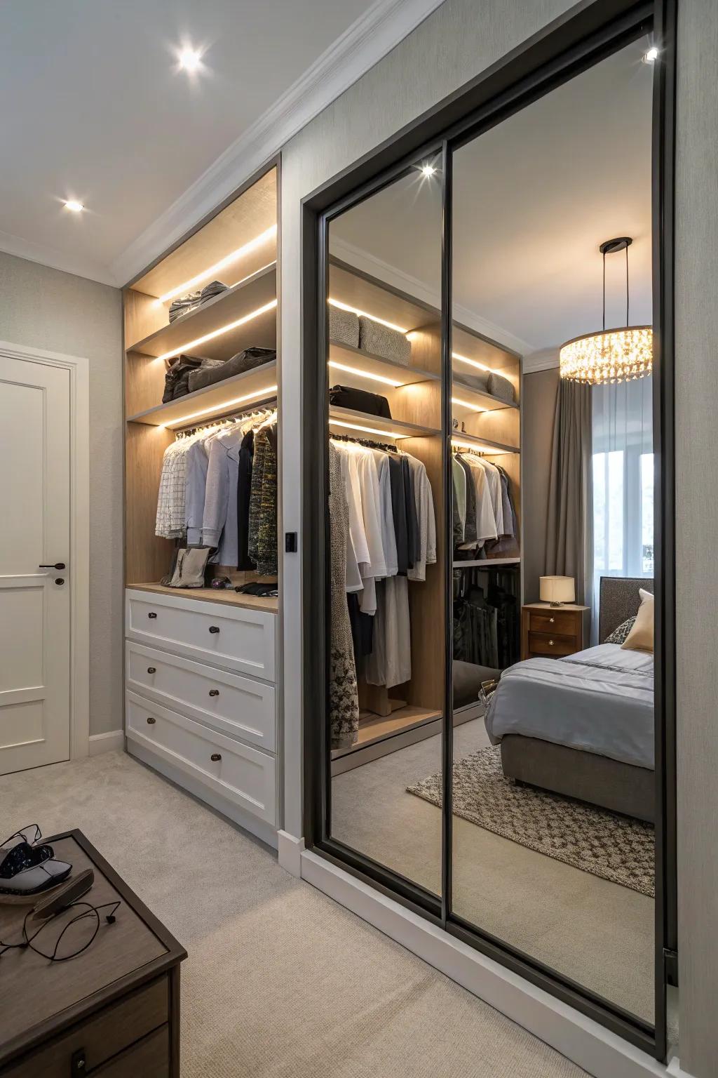 Mirrors not only serve functional needs but also visually expand your closet space.