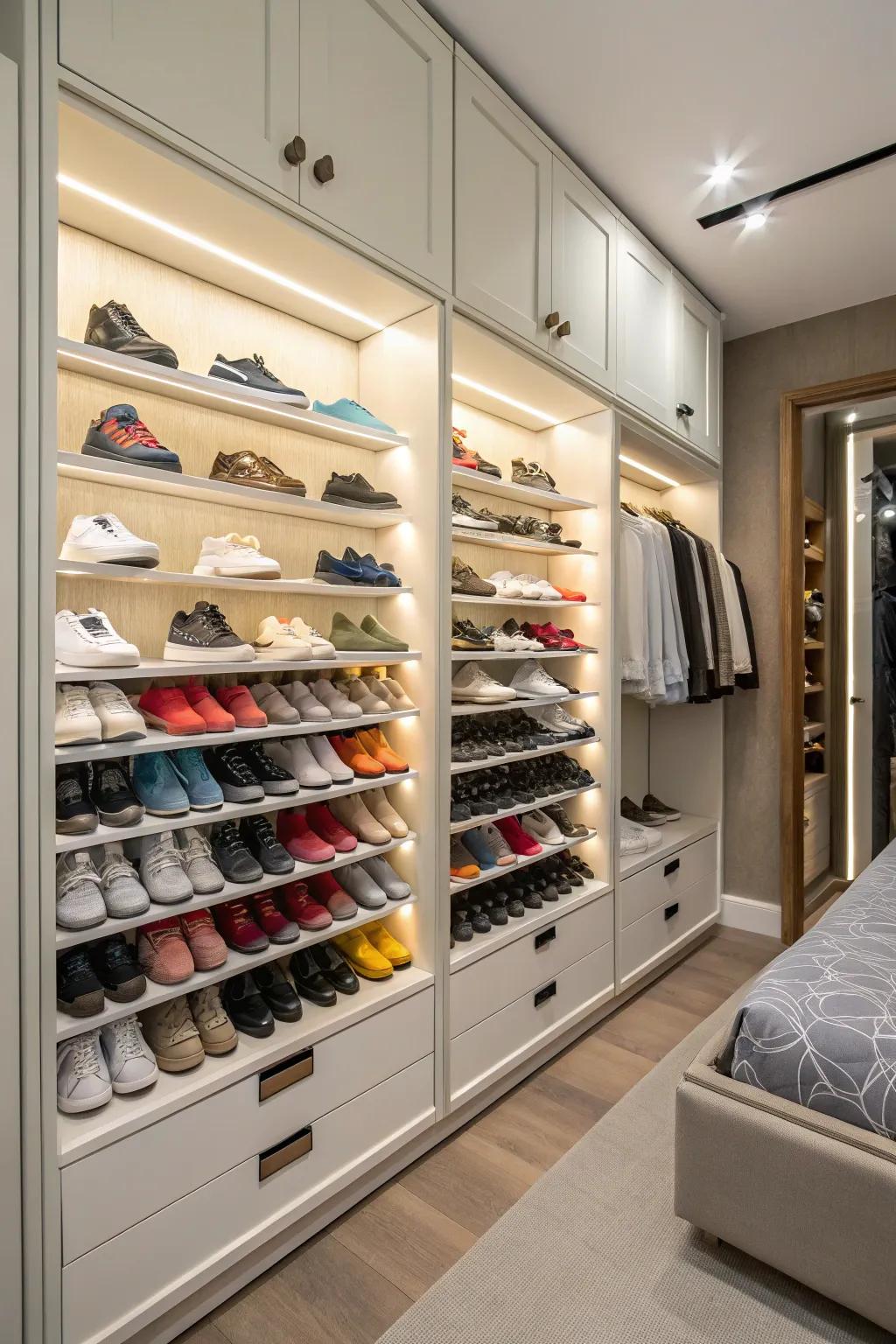 A shoe wall not only organizes but also showcases your shoe collection.