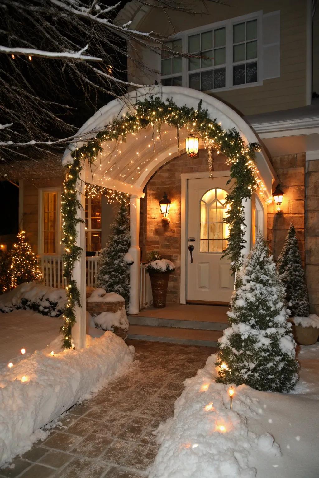 A snowy archway makes a grand entrance to your winter wonderland.