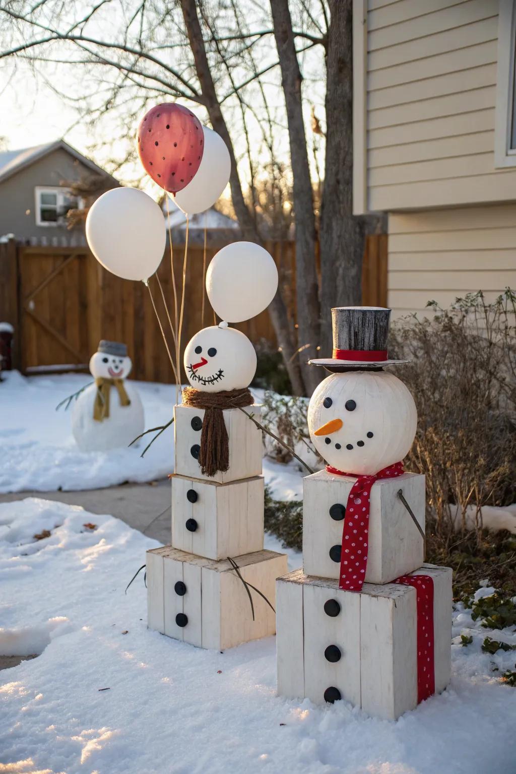 Homemade snowmen add charm and festivity to your decor.