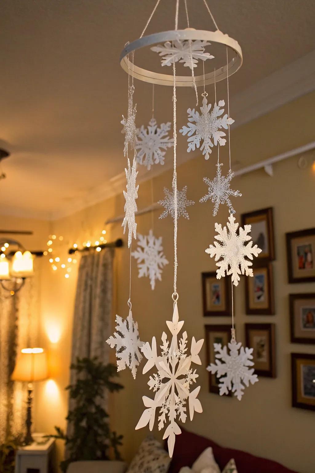 A DIY snowflake mobile adds a playful element to your decor.