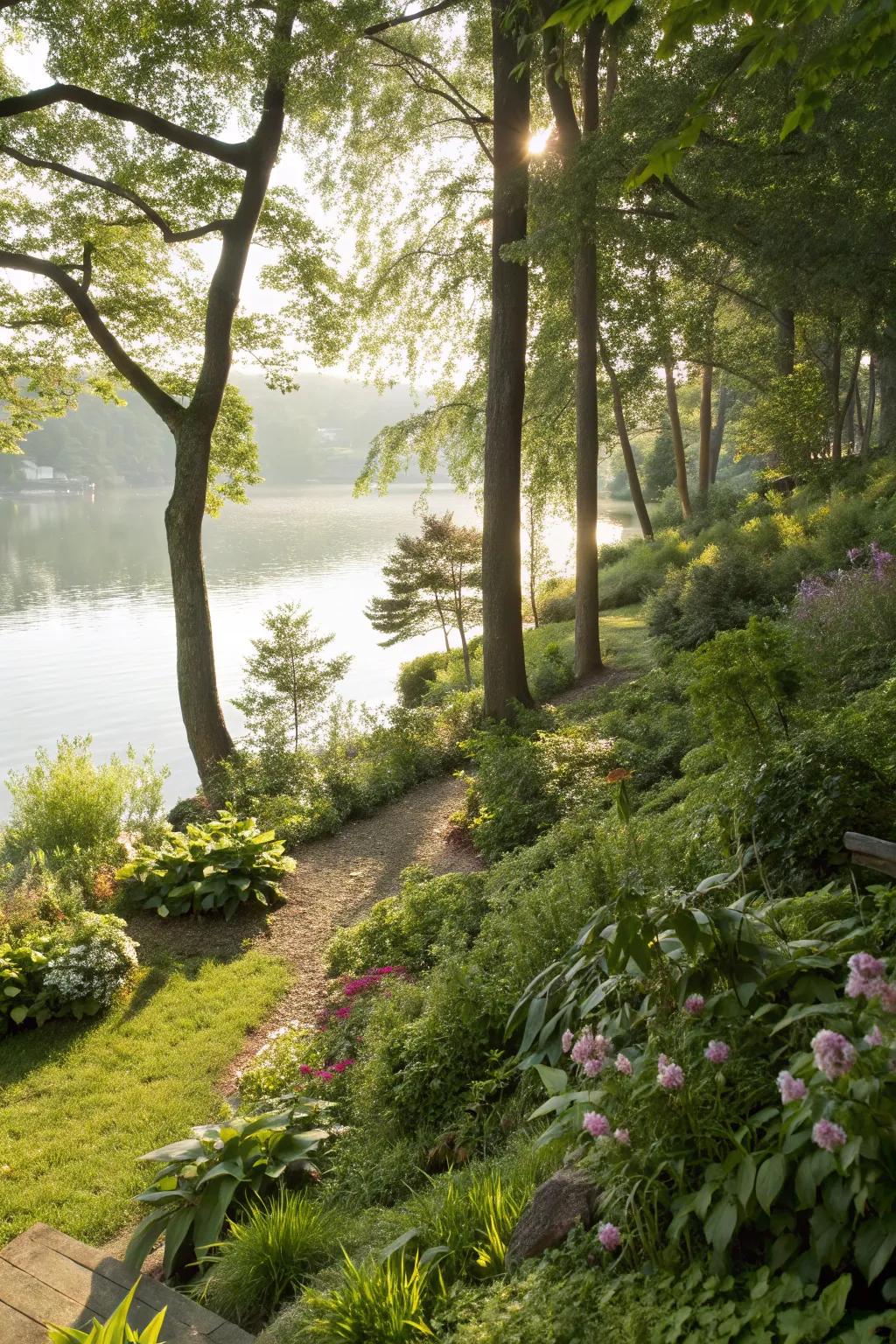 A serene shade garden offering cool comfort by the lake.