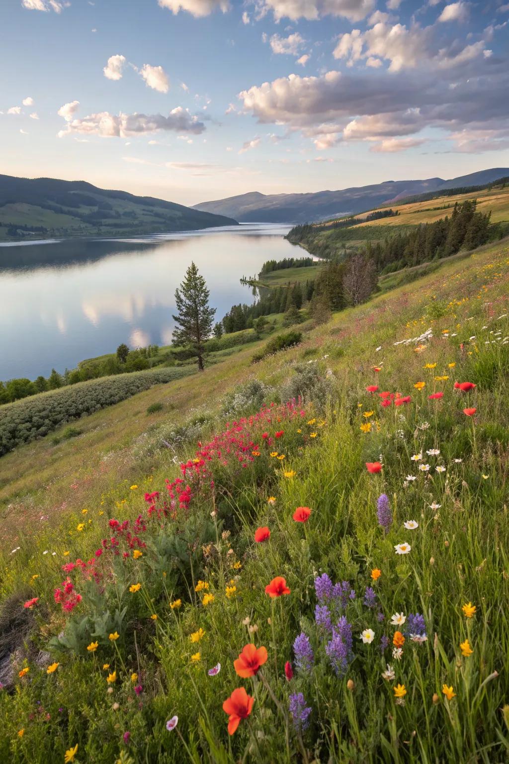 Vibrant wildflowers bring life and color to the lakeside landscape.