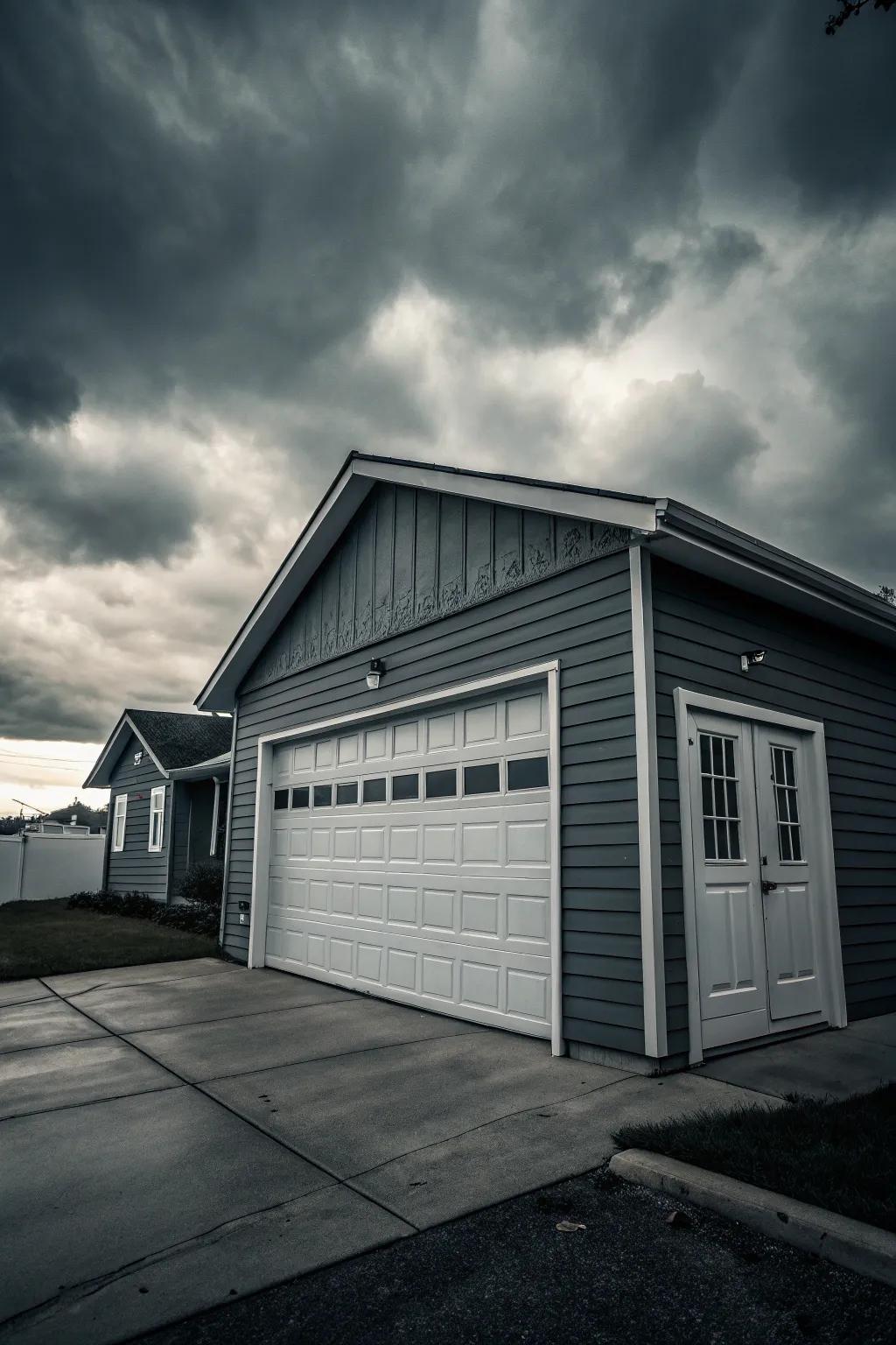 A sleek garage featuring a monochromatic color scheme.