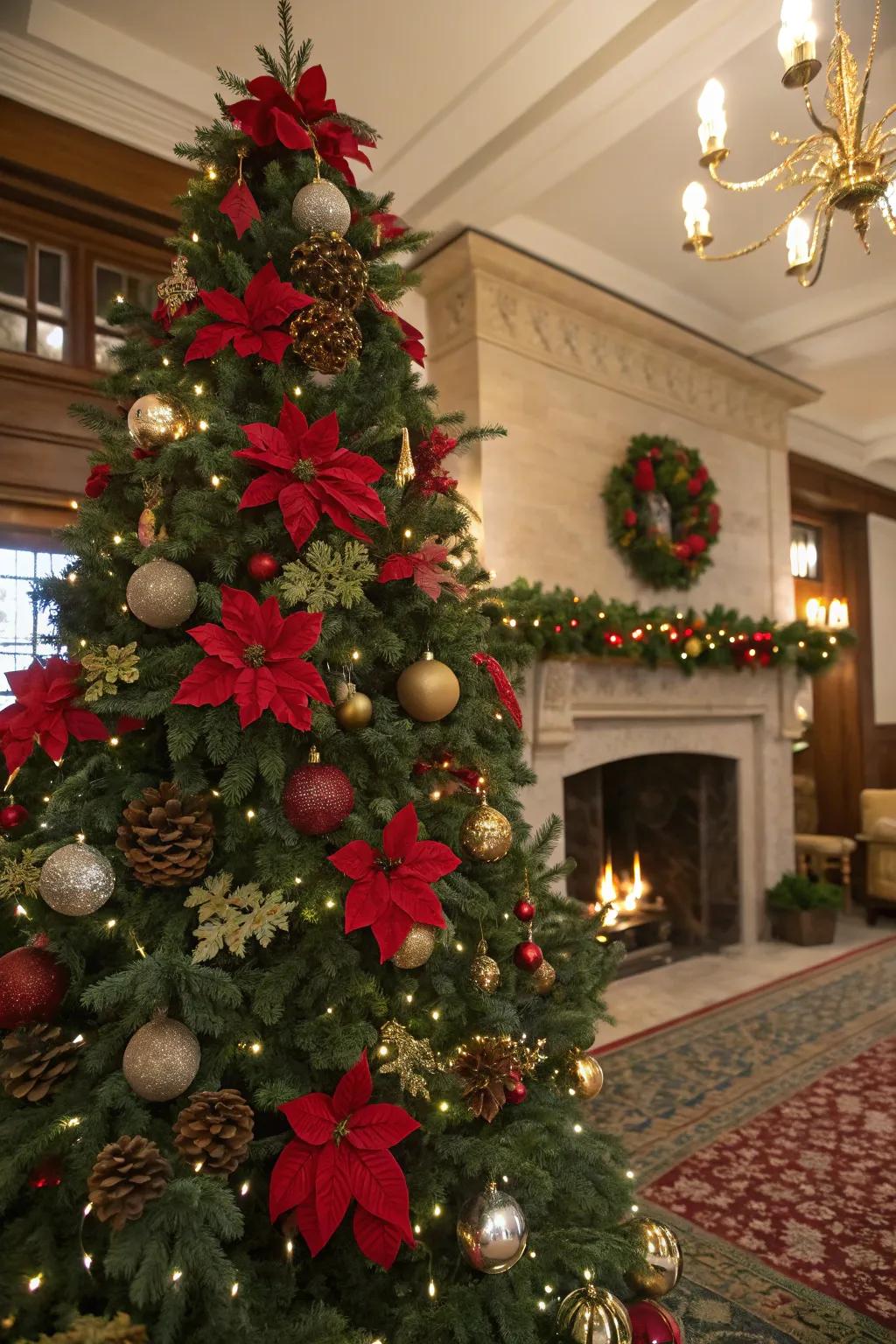Poinsettias bring a natural elegance to the Christmas tree.