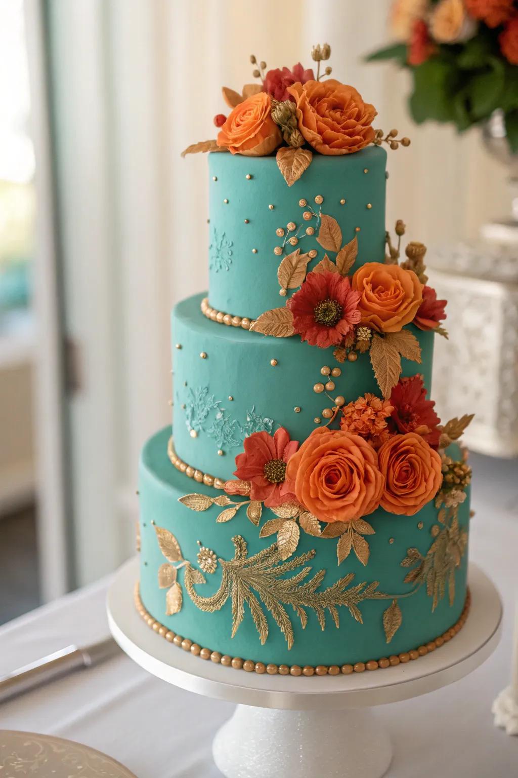 A wedding cake that beautifully incorporates teal and burnt orange.