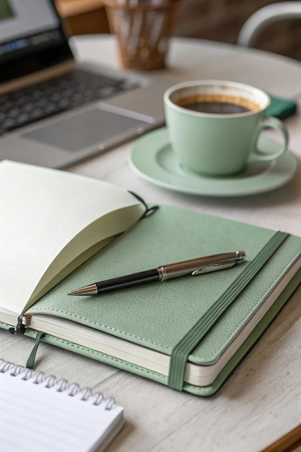 A sage green notebook invites creativity and reflection.
