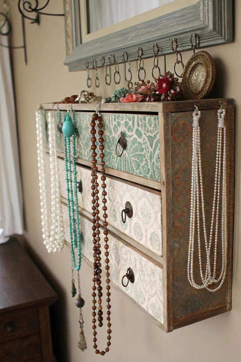 A vintage drawer turned into a chic necklace holder
