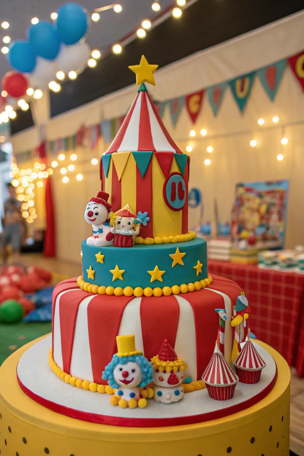 A circus-themed cake with playful and colorful decorations.