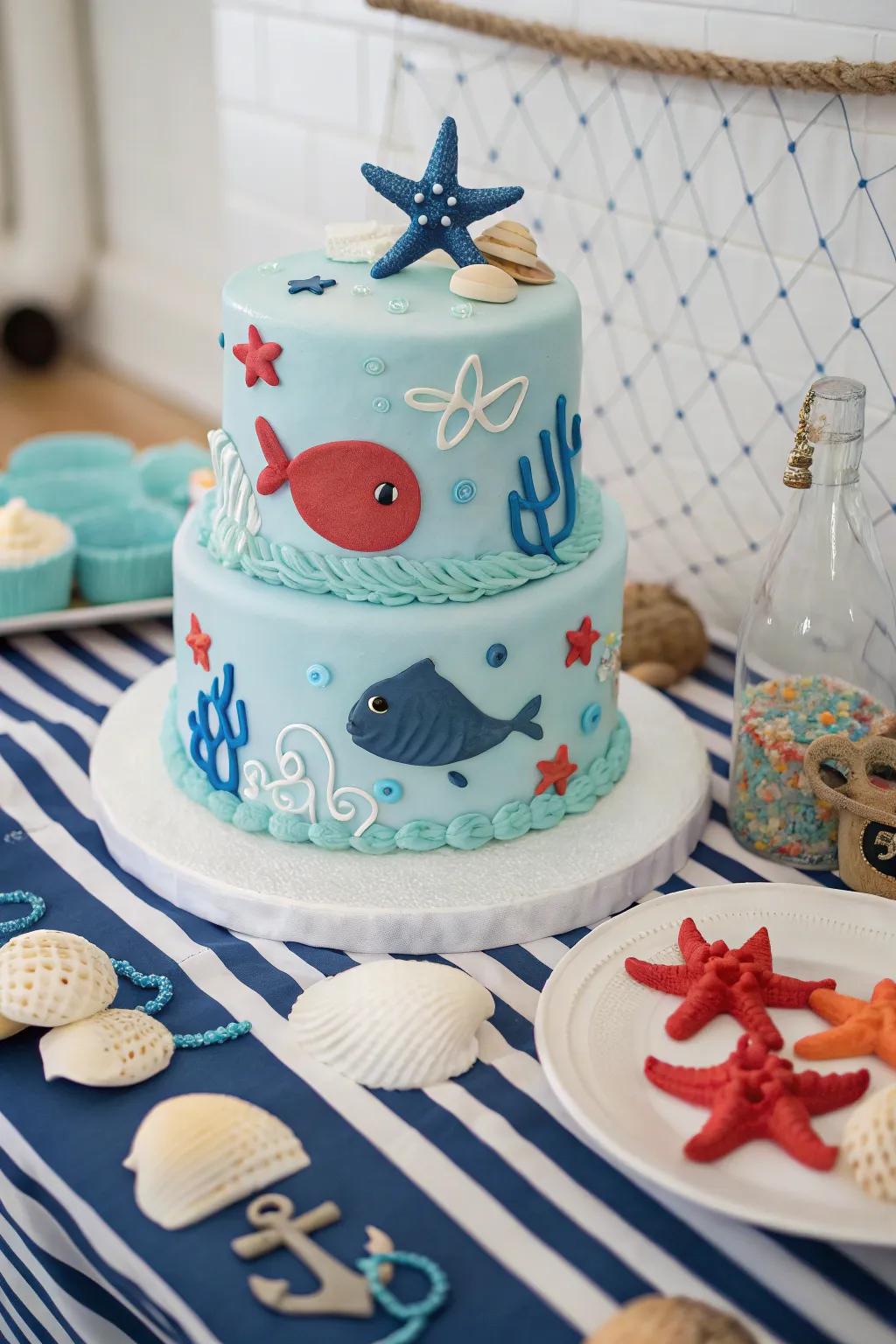 An ocean-themed cake with delightful sea creature decorations.