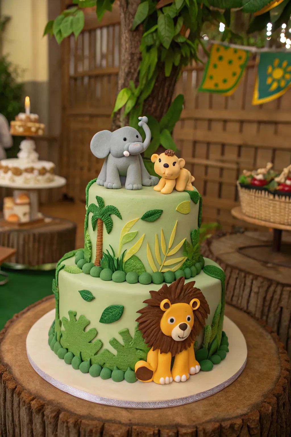 A jungle safari cake with playful animal decorations.