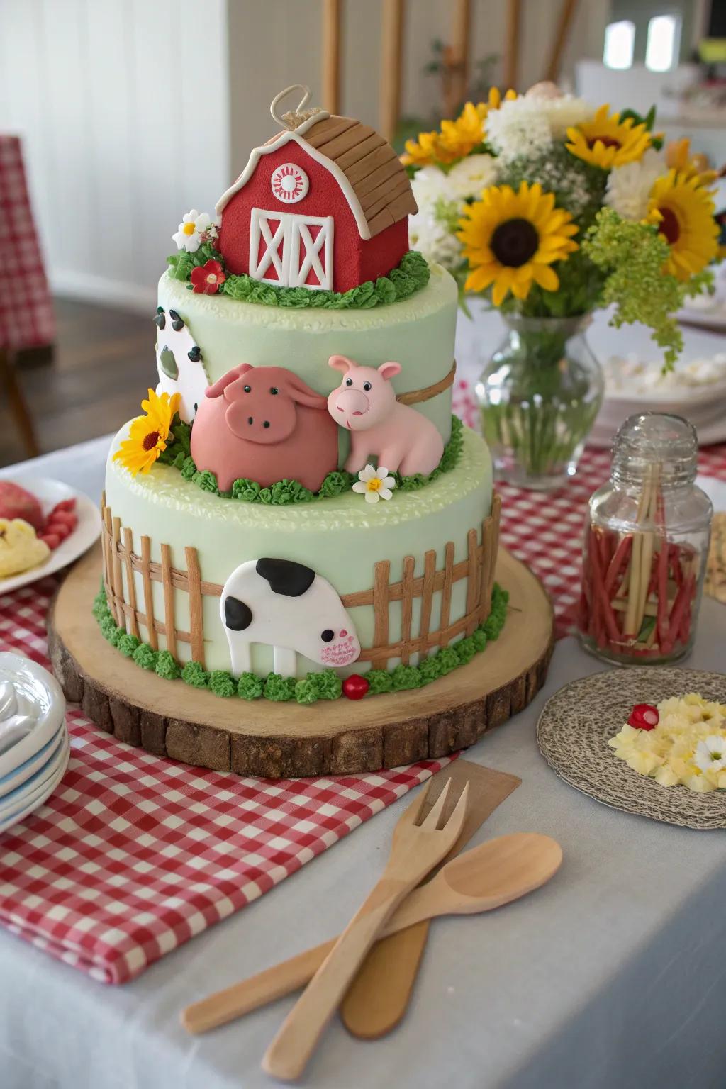A farmyard-themed cake with charming animal decorations.