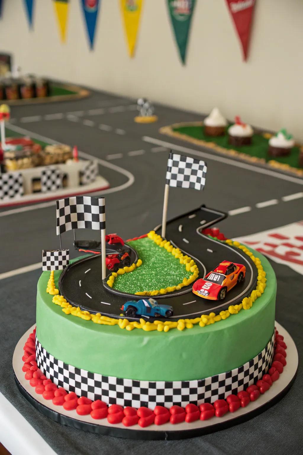 A dynamic race car-themed cake perfect for young car enthusiasts.