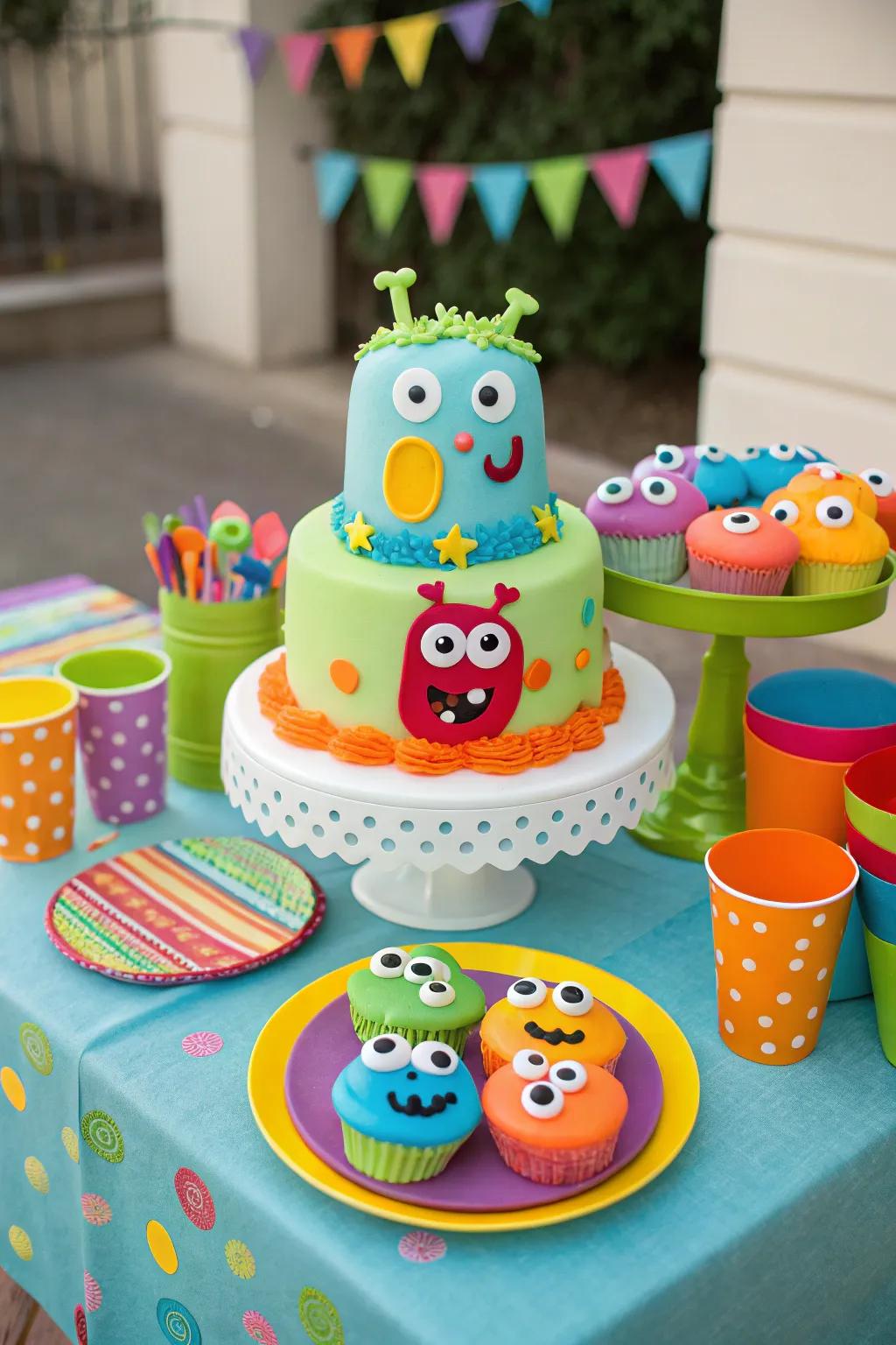 A monster-themed cake with endearing and colorful decorations.