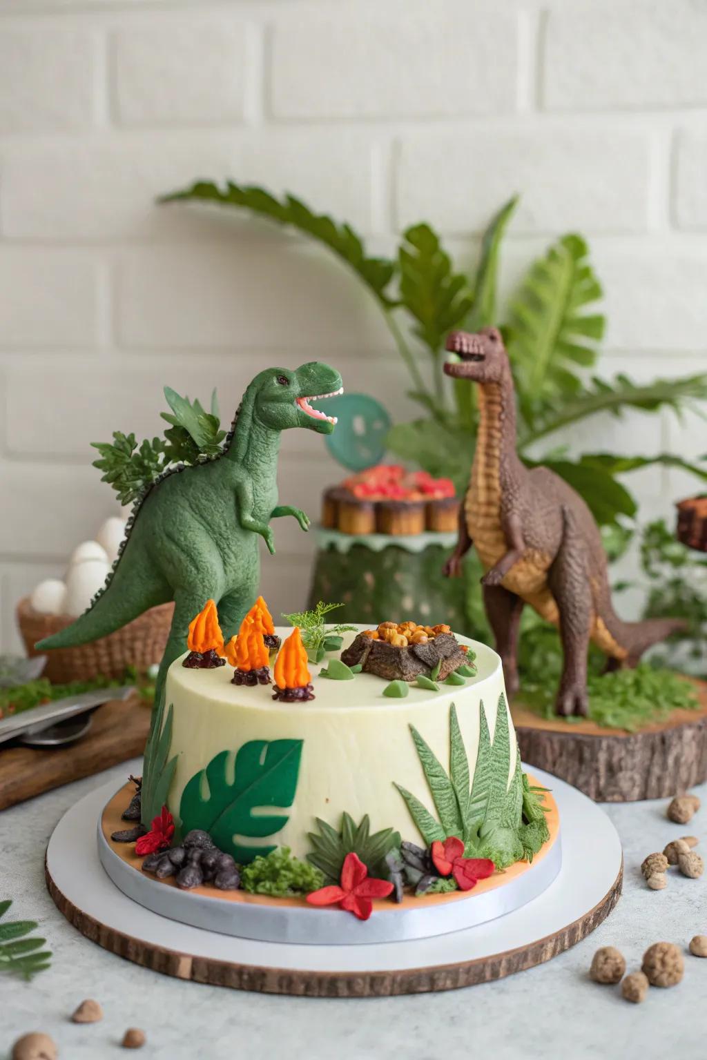 A dinosaur-themed cake with playful prehistoric decorations.