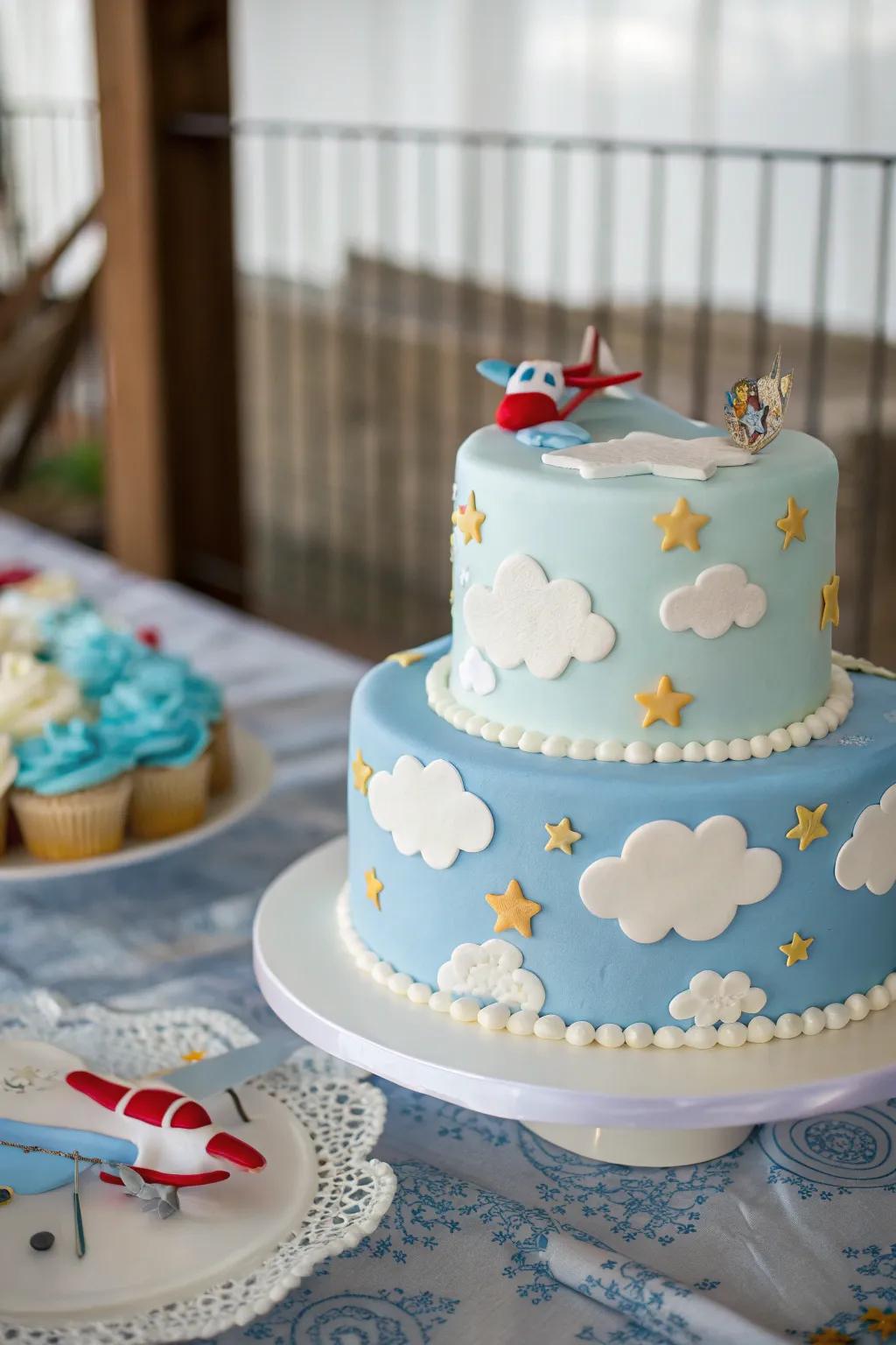 A sky-themed cake with playful cloud and airplane decorations.