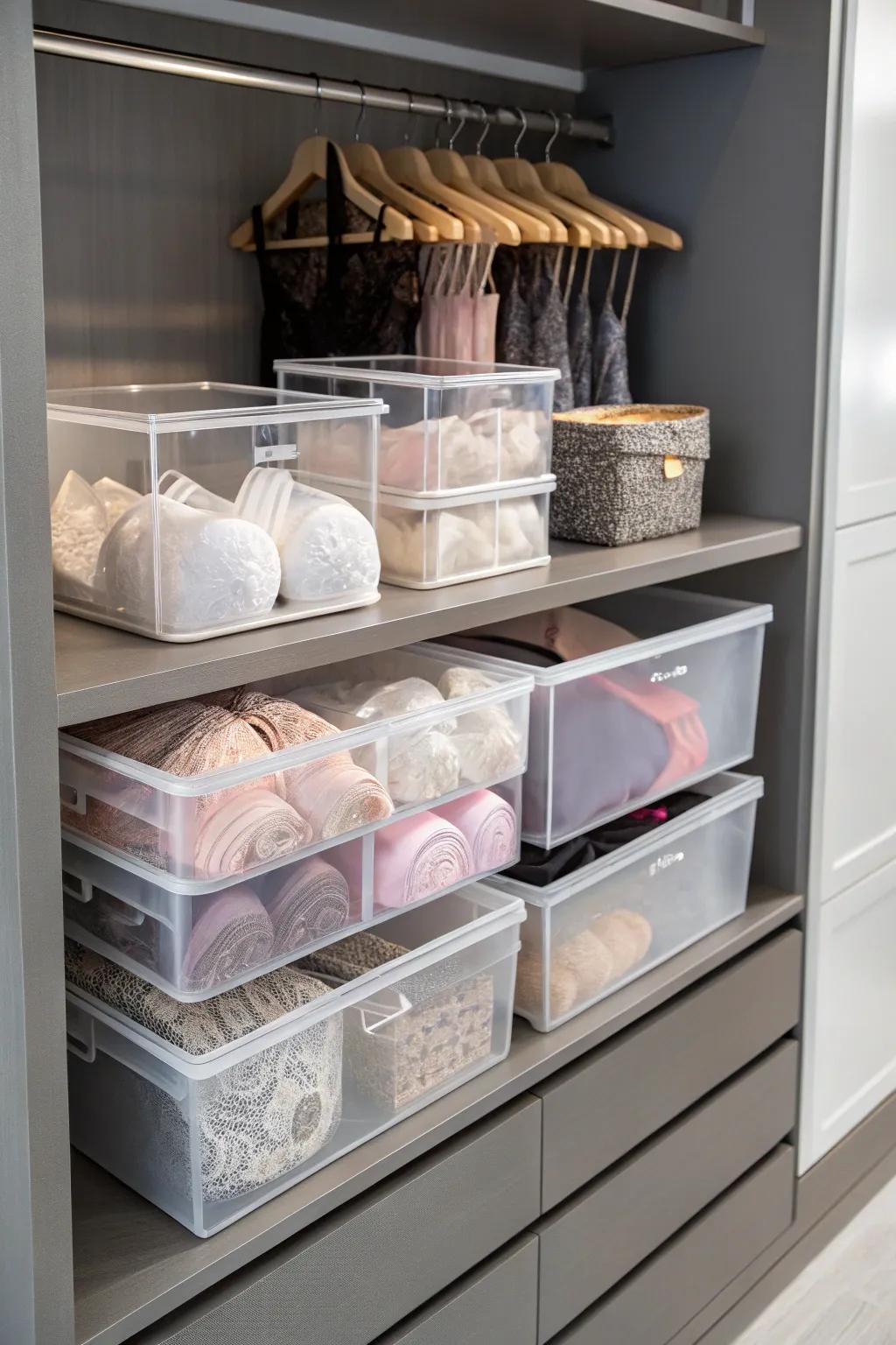 Transparent bins help you see and select your lingerie with ease.