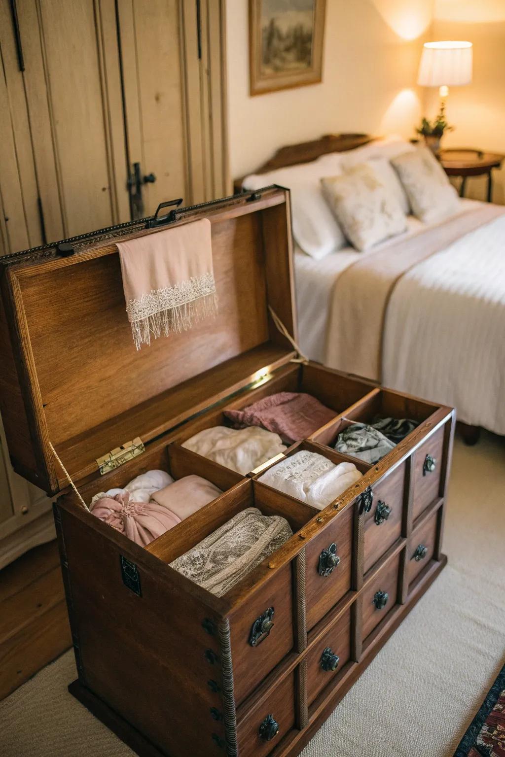 An antique chest makes for a stylish and functional lingerie storage piece.