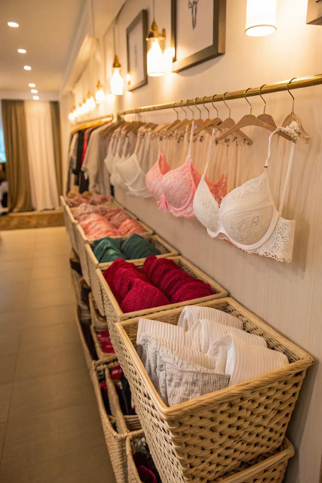 Wall-mounted baskets provide chic and practical storage solutions.