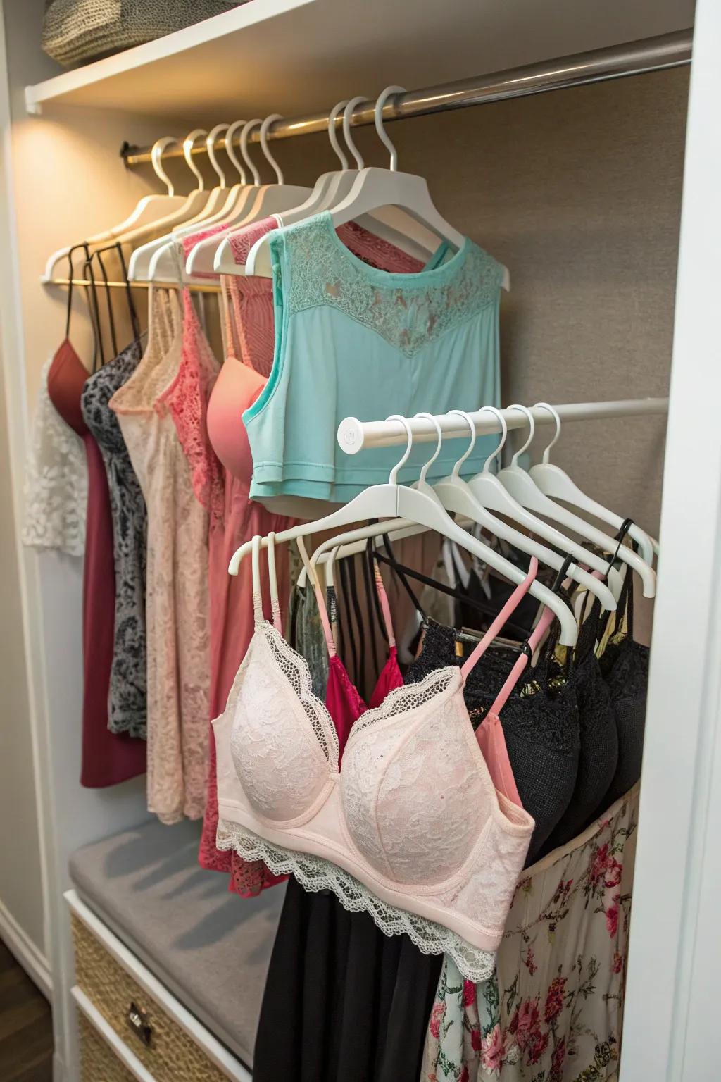 Tiered hangers make the most of limited closet space.