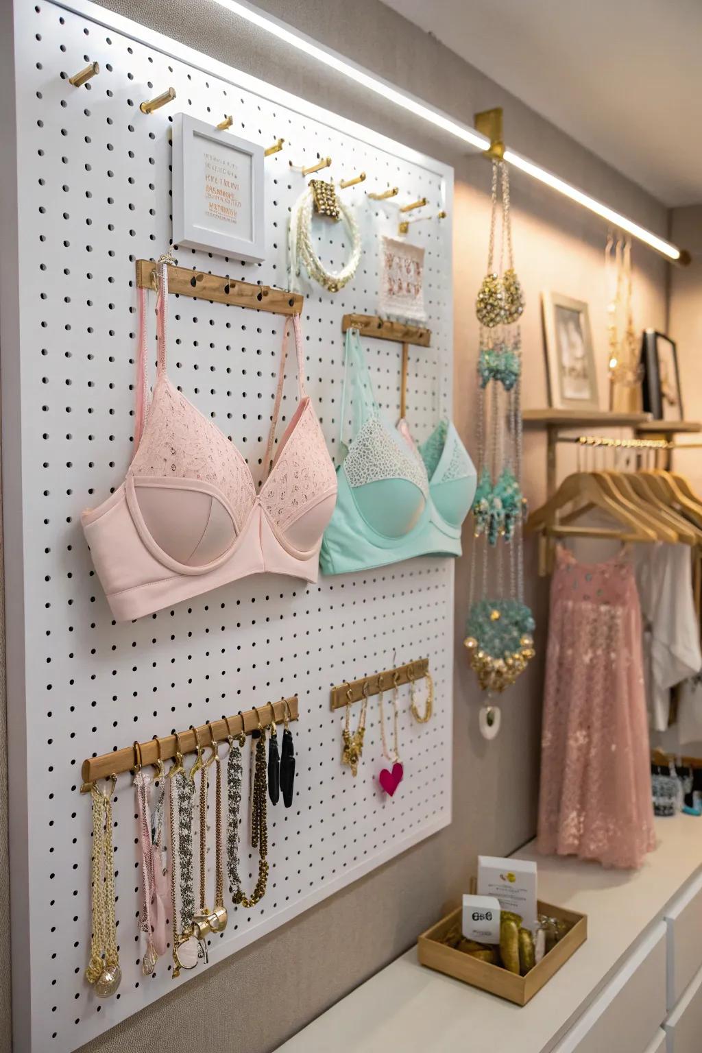 A pegboard wall offers a creative way to organize and display your lingerie.