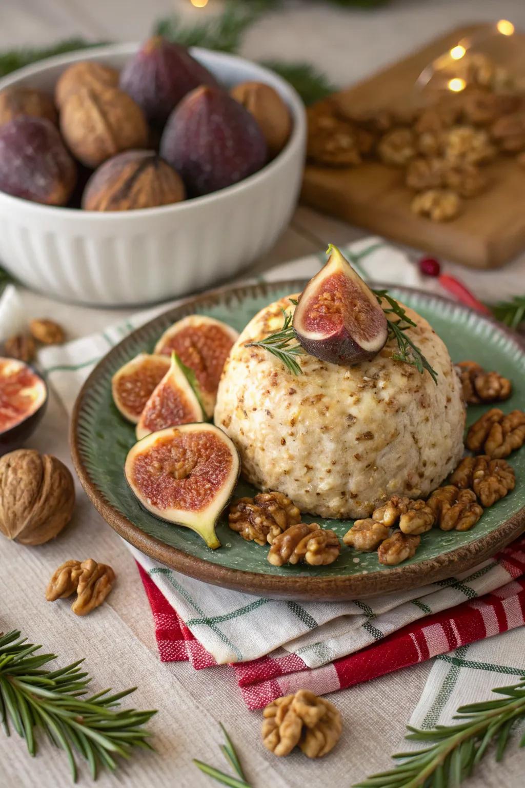 Festive fig and walnut cheese ball for holiday charm.