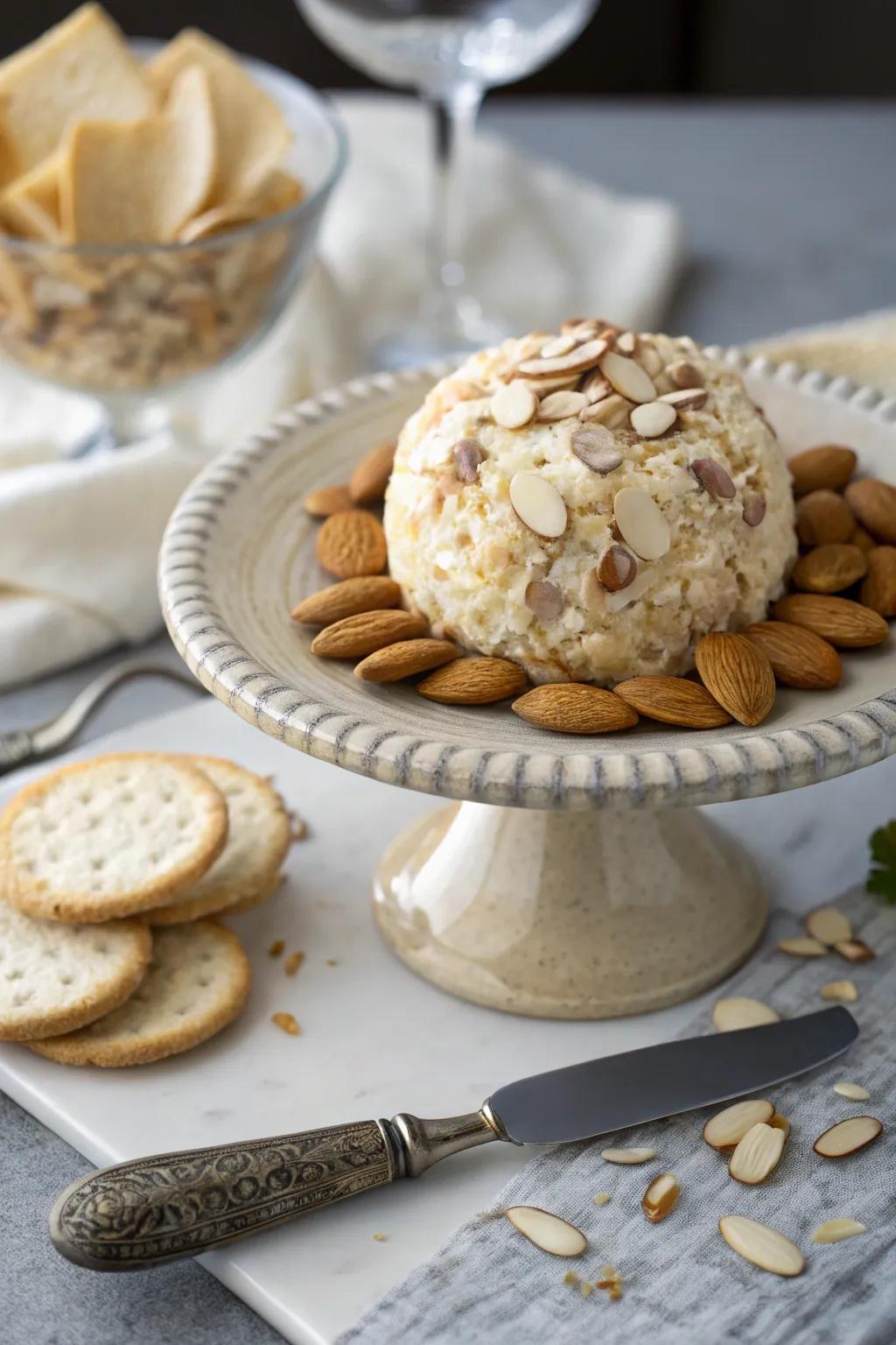 Elegant brie and almond cheese ball for a touch of luxury.