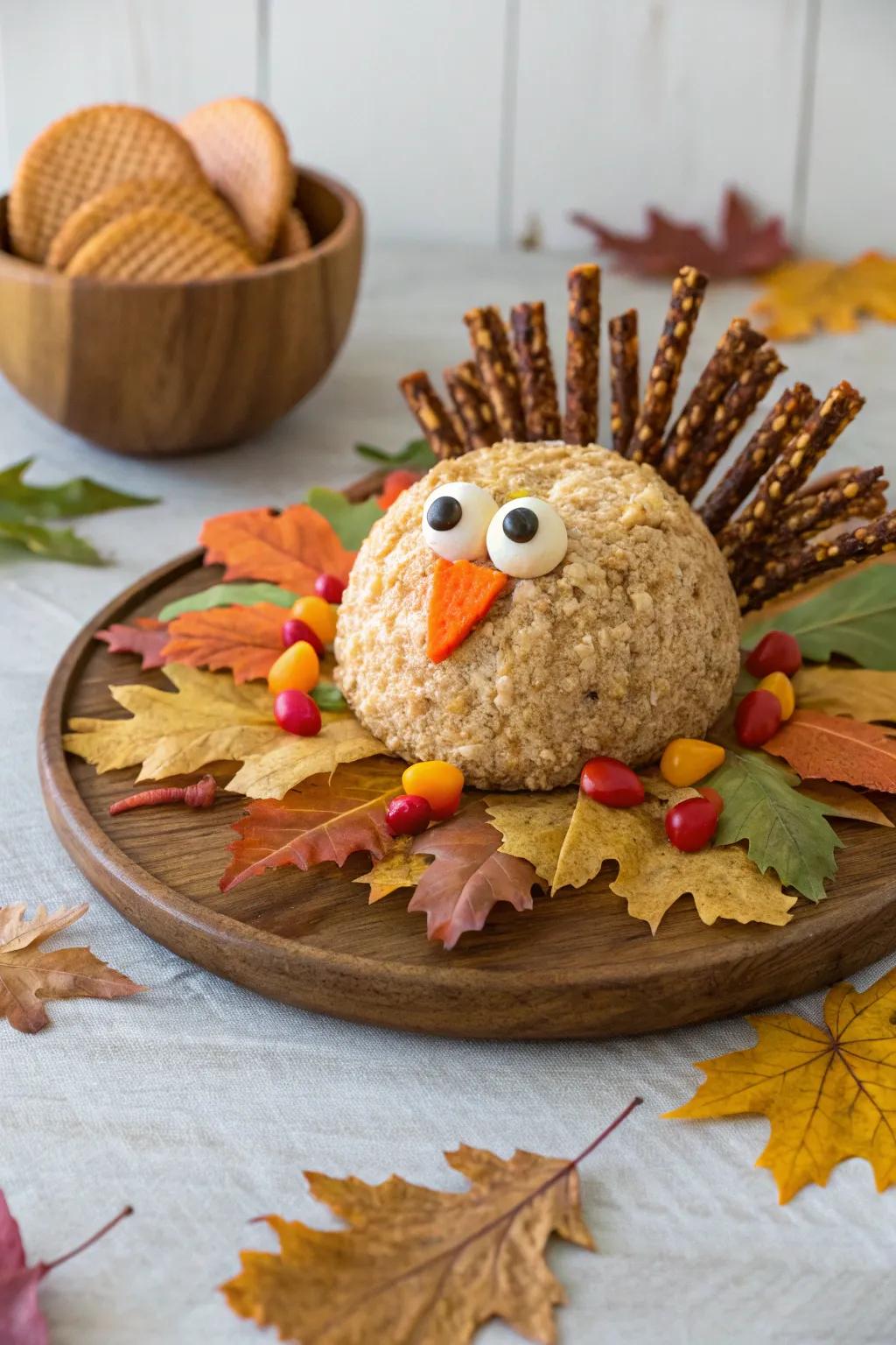 A classic turkey cheese ball with pretzel feathers.