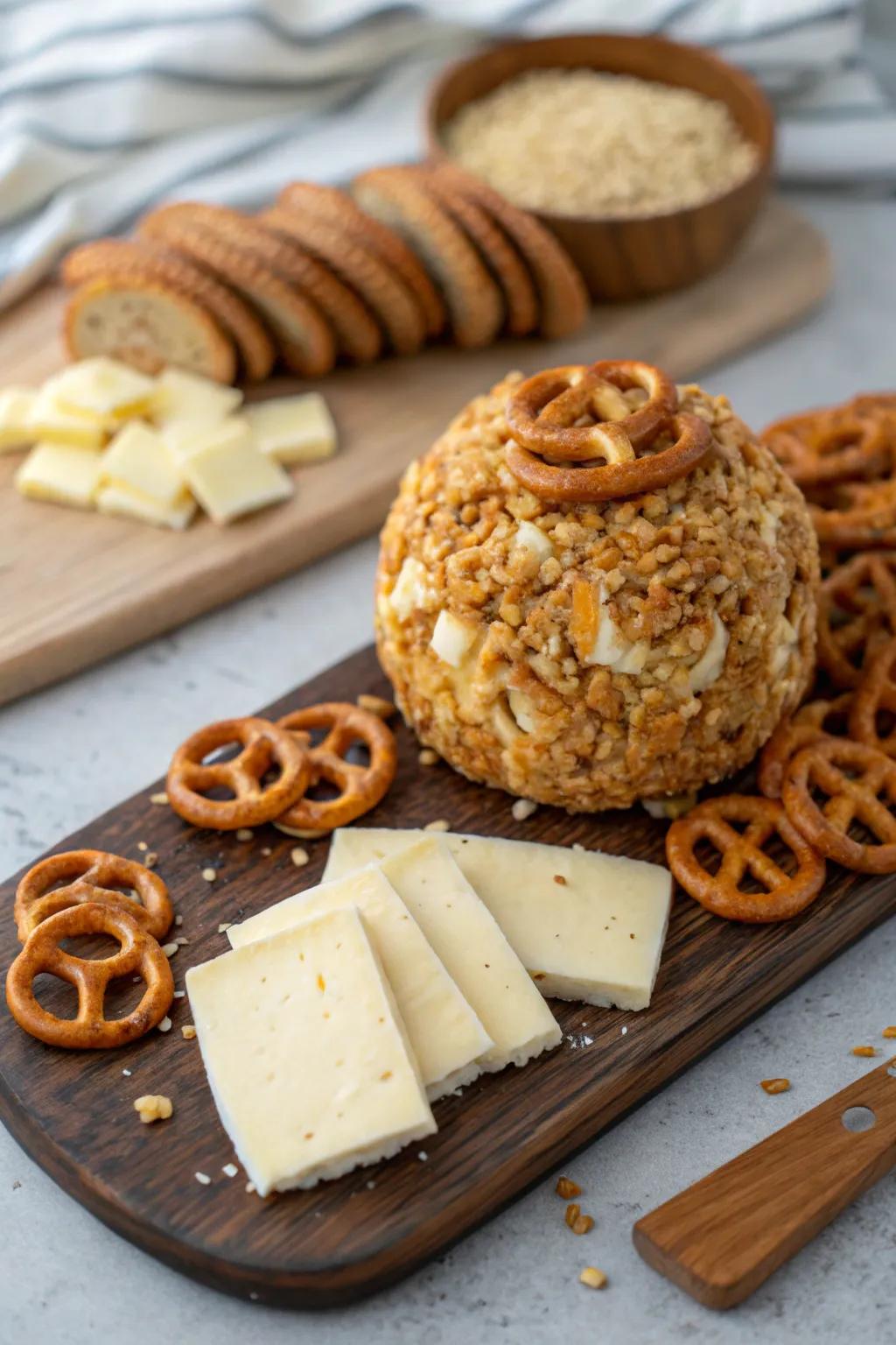 Nut-free cheese ball with a pretzel crunch.