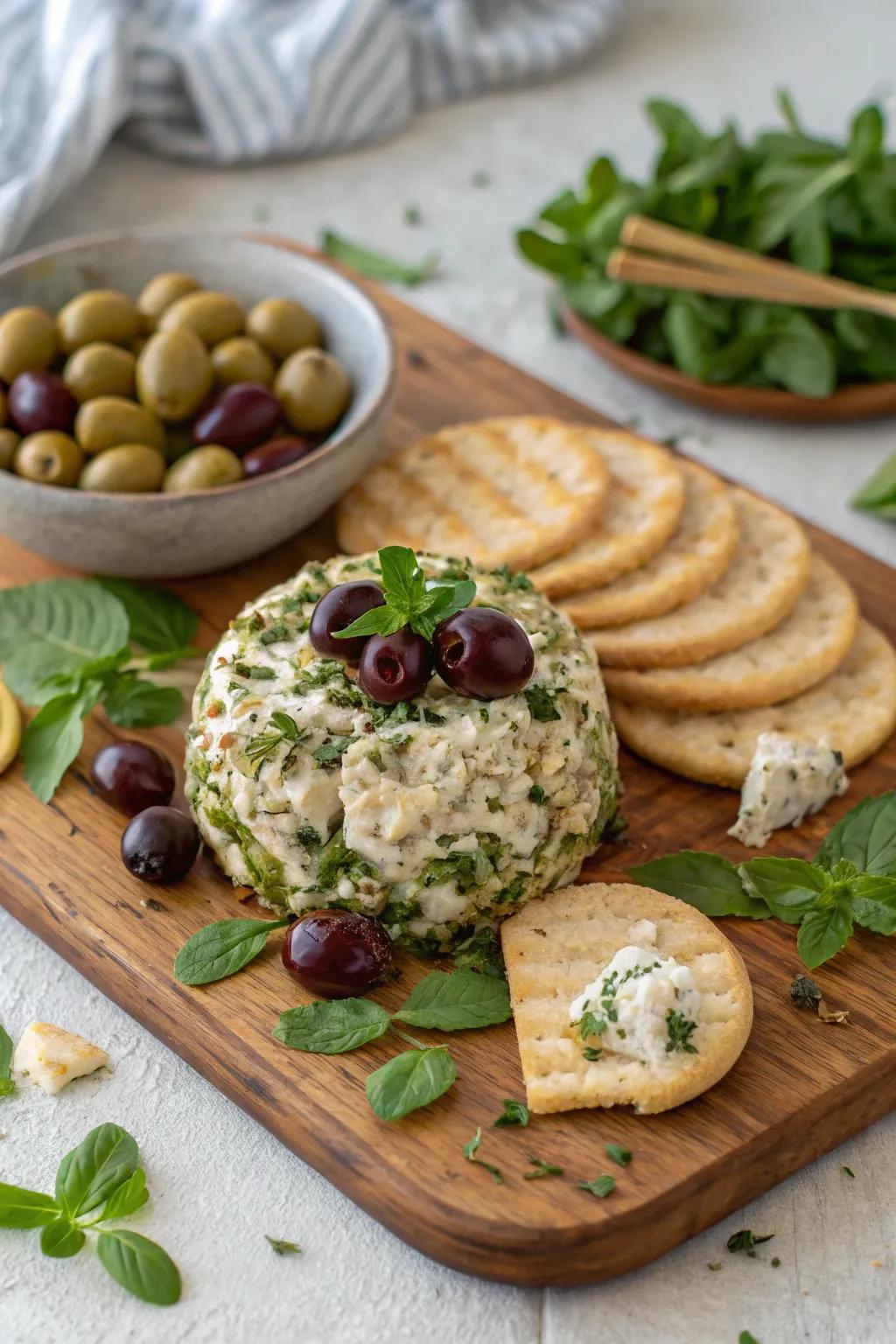 Mediterranean cheese ball with olives and feta.