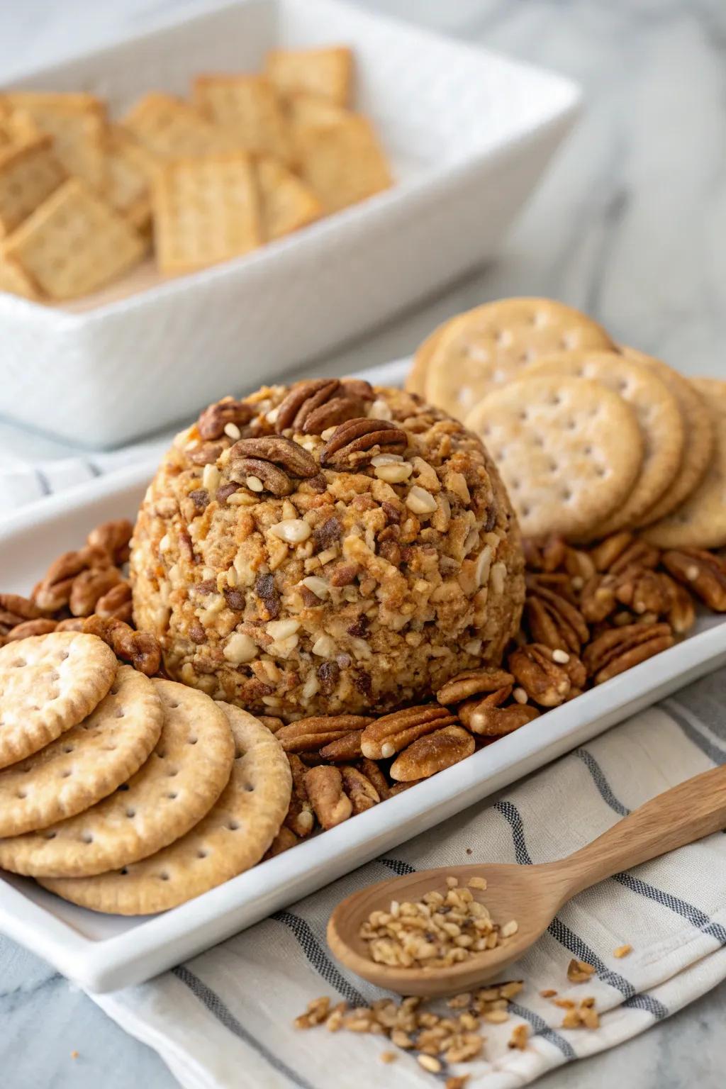 A pecan-crusted cheese ball ready to serve.