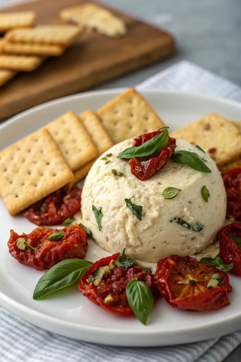 Sundried tomato cheese ball with vibrant flavors.