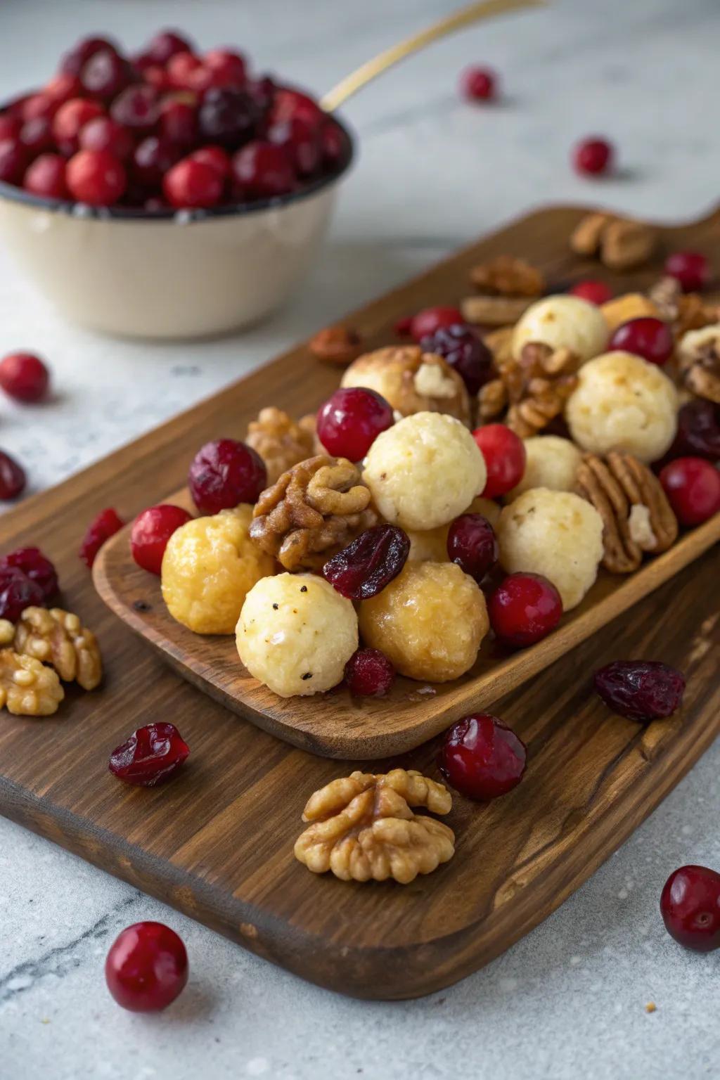 Cranberry and walnut cheese ball with festive touches.