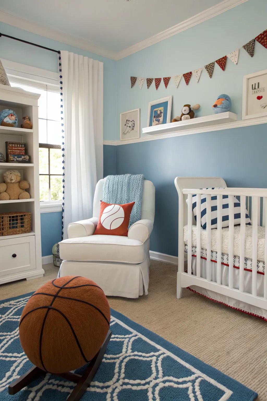 A soothing color scheme with sporty accents creates a balanced nursery atmosphere.