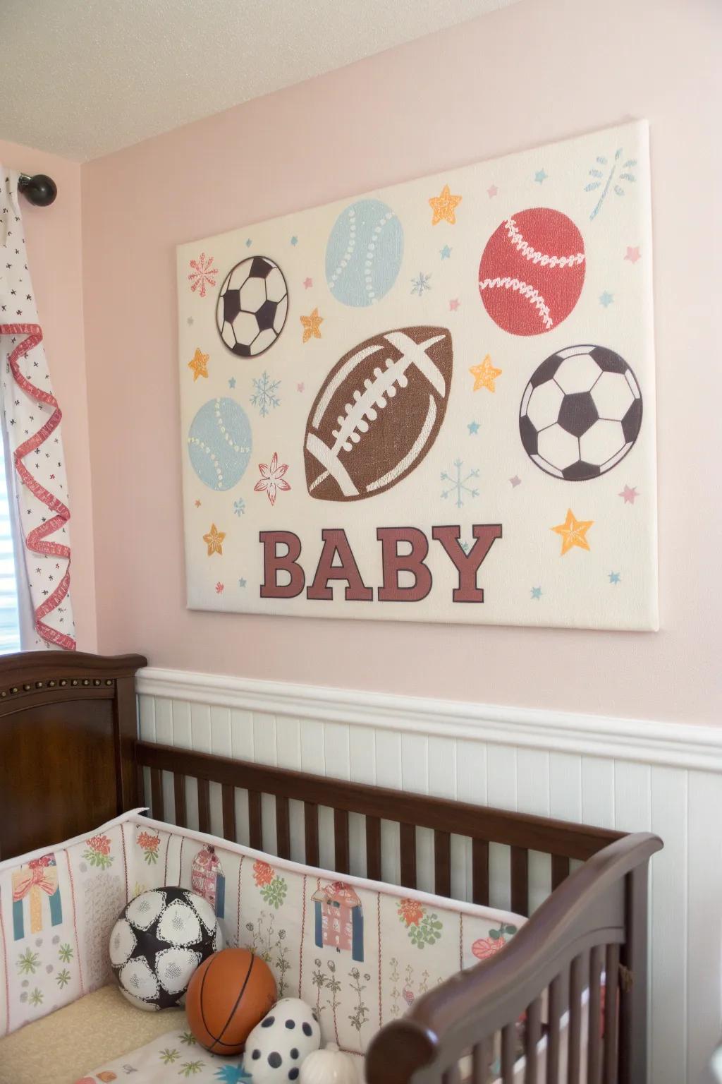 Custom sports-themed wall art adds a personal touch to the nursery.