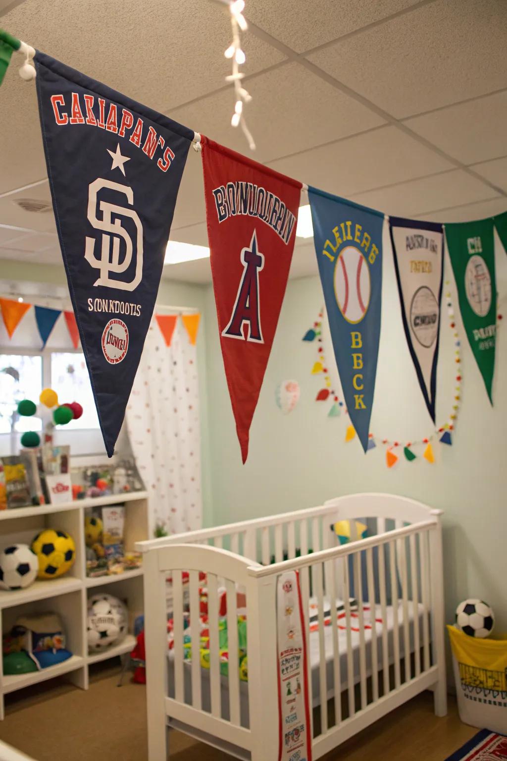 Decorative banners bring a sense of movement and color to the nursery.