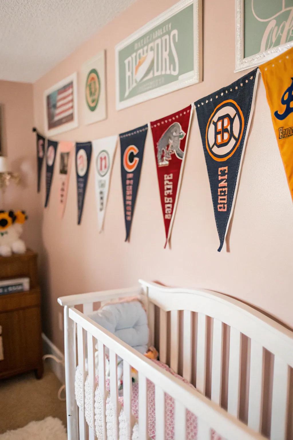 Vintage sports pennants add a classic charm to the nursery decor.