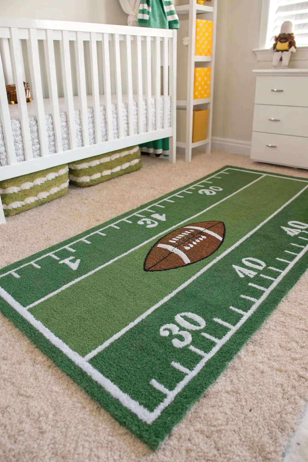 A football field rug adds a playful foundation to the nursery's floor.