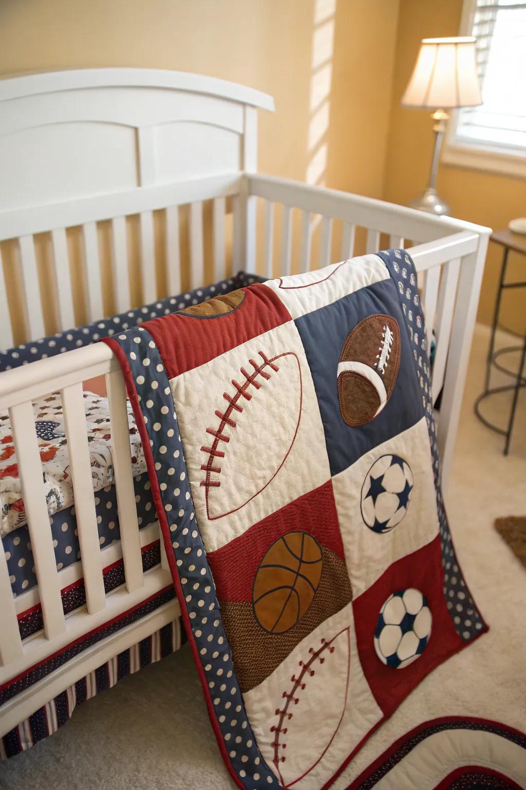 Sports-themed bedding brings an element of fun and comfort to the nursery.