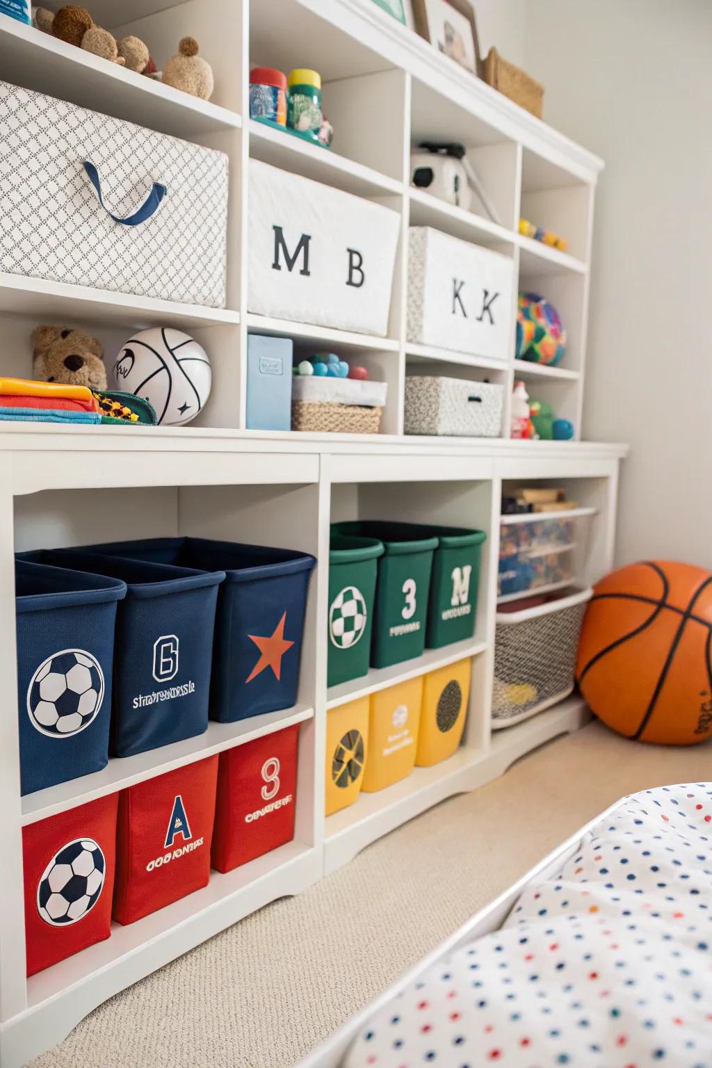 Sports-themed storage bins combine practicality with playful design.