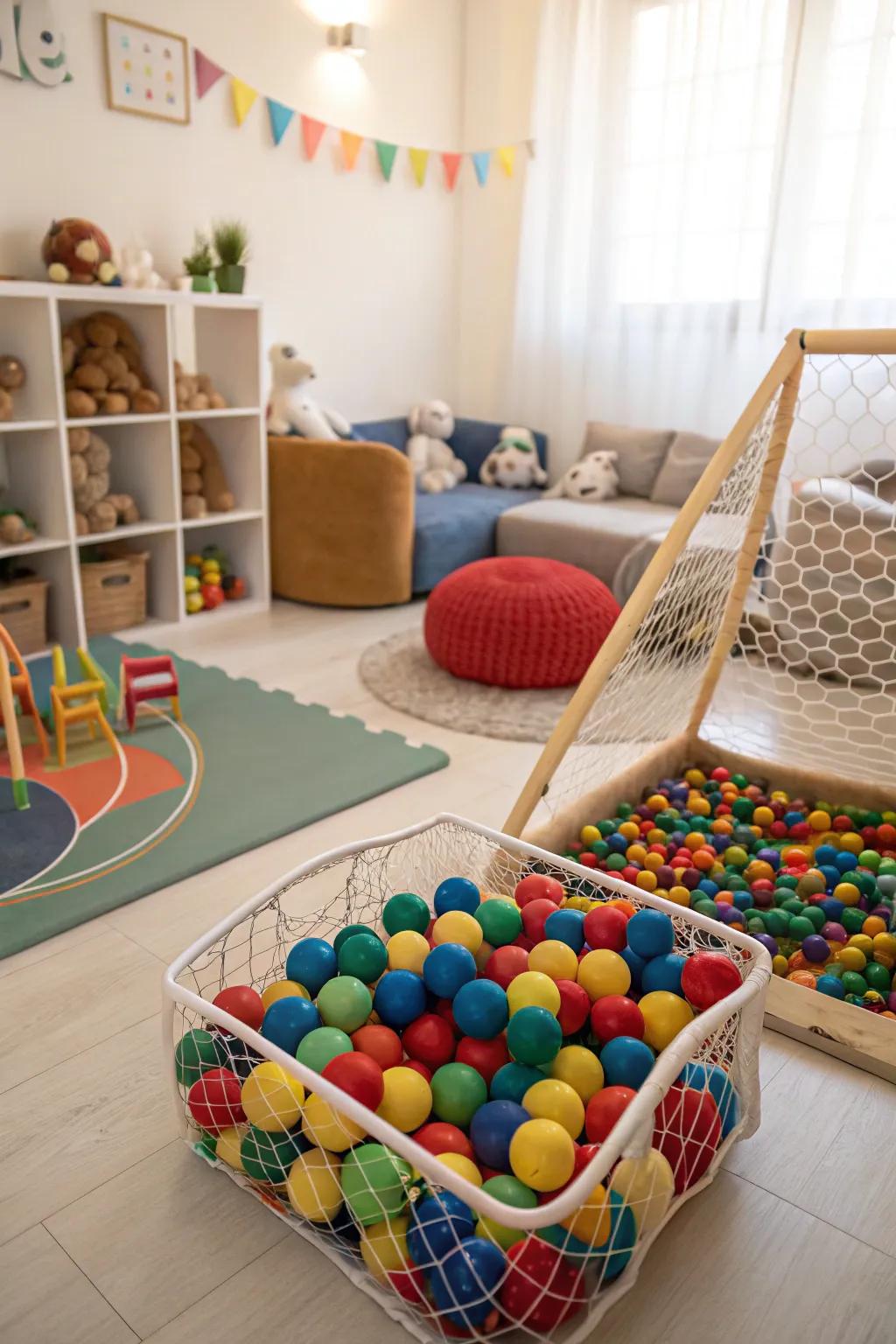 An interactive sports corner offers a space for playful exploration.