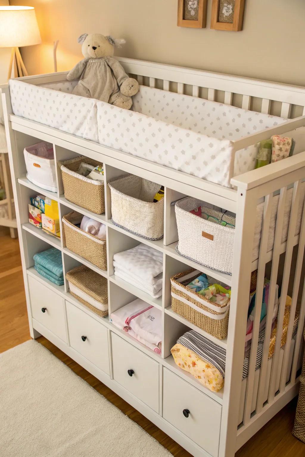 A multifunctional crib with storage drawers, perfect for saving space.