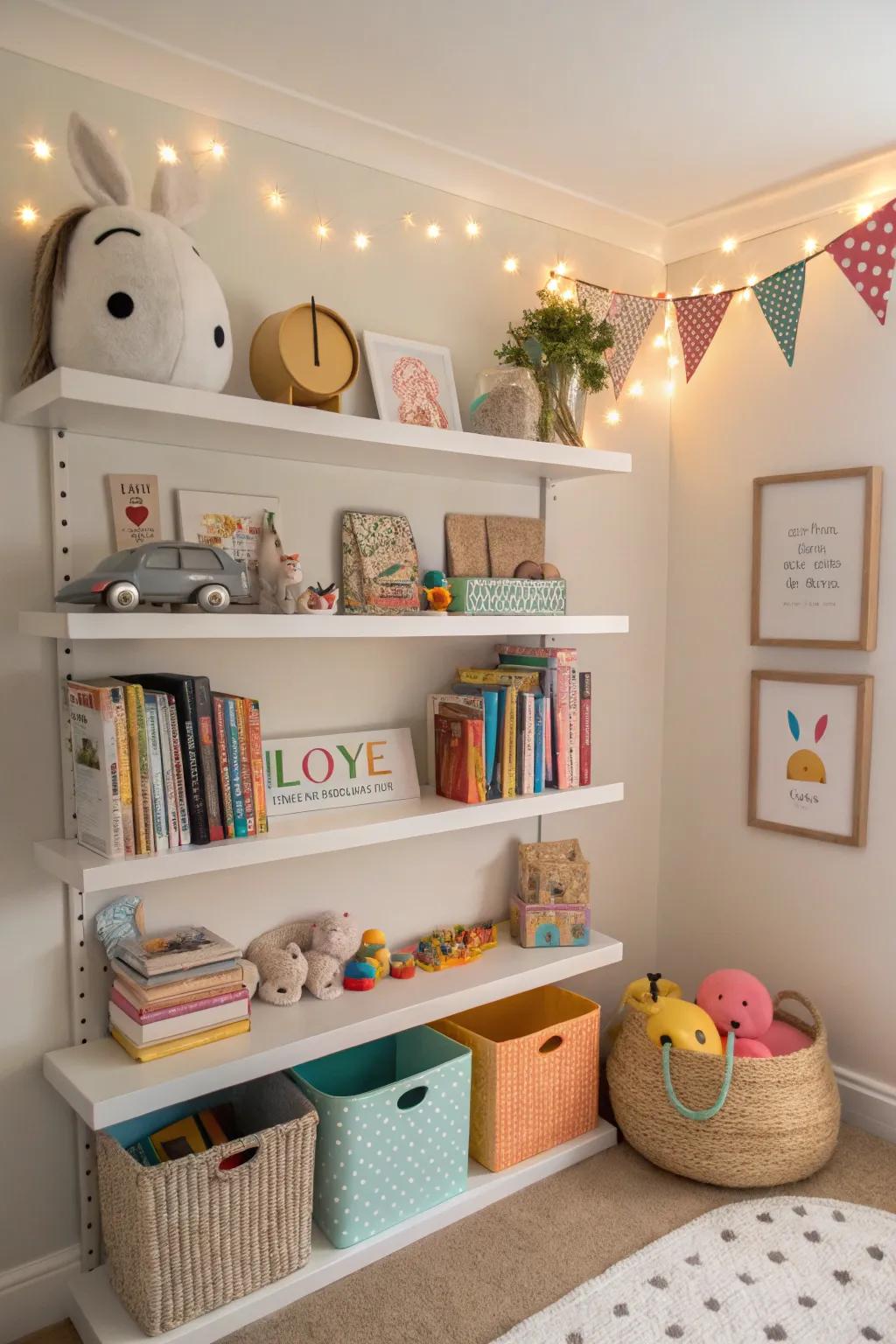 Corner shelves efficiently use space while adding style to the nursery.